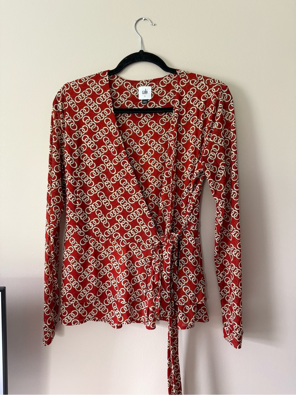 CAbi Red Chain-Link Wrap Blouse